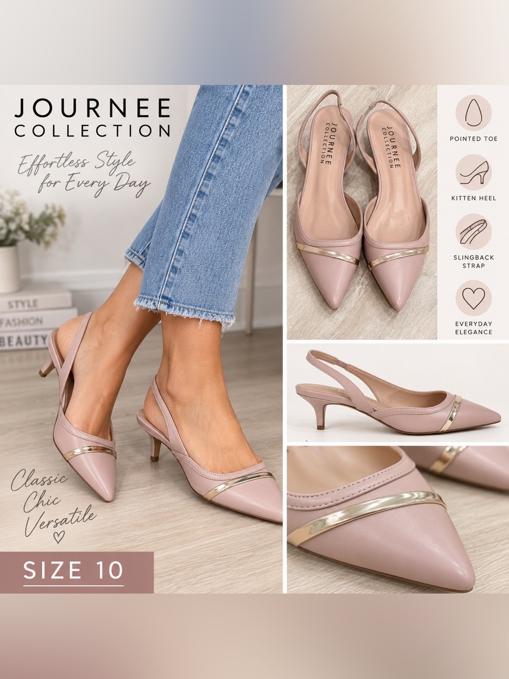 Journee Collection Blush Pink Silver Pointed Toe Slingback Heels Size 10